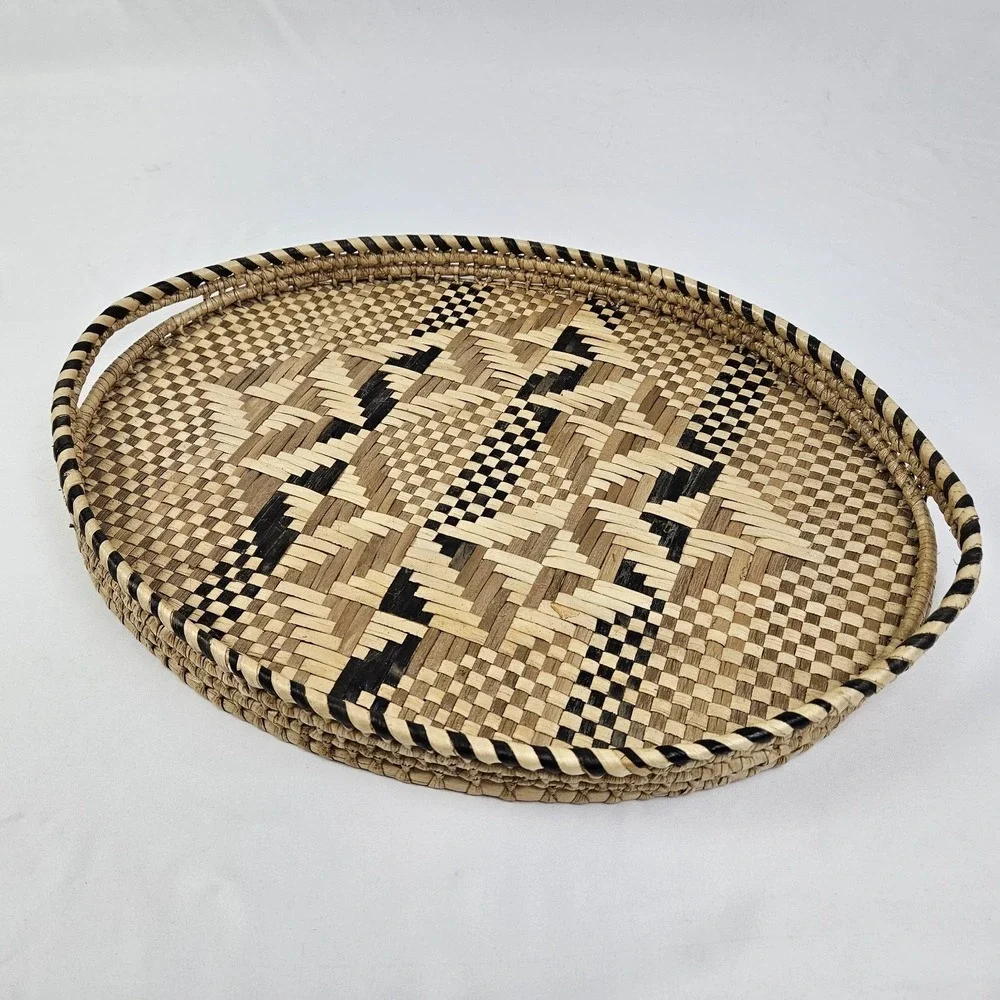 Vintage Baniwa Basket Serving Tray w/ Handles Geometric MCM Zimbabwe African